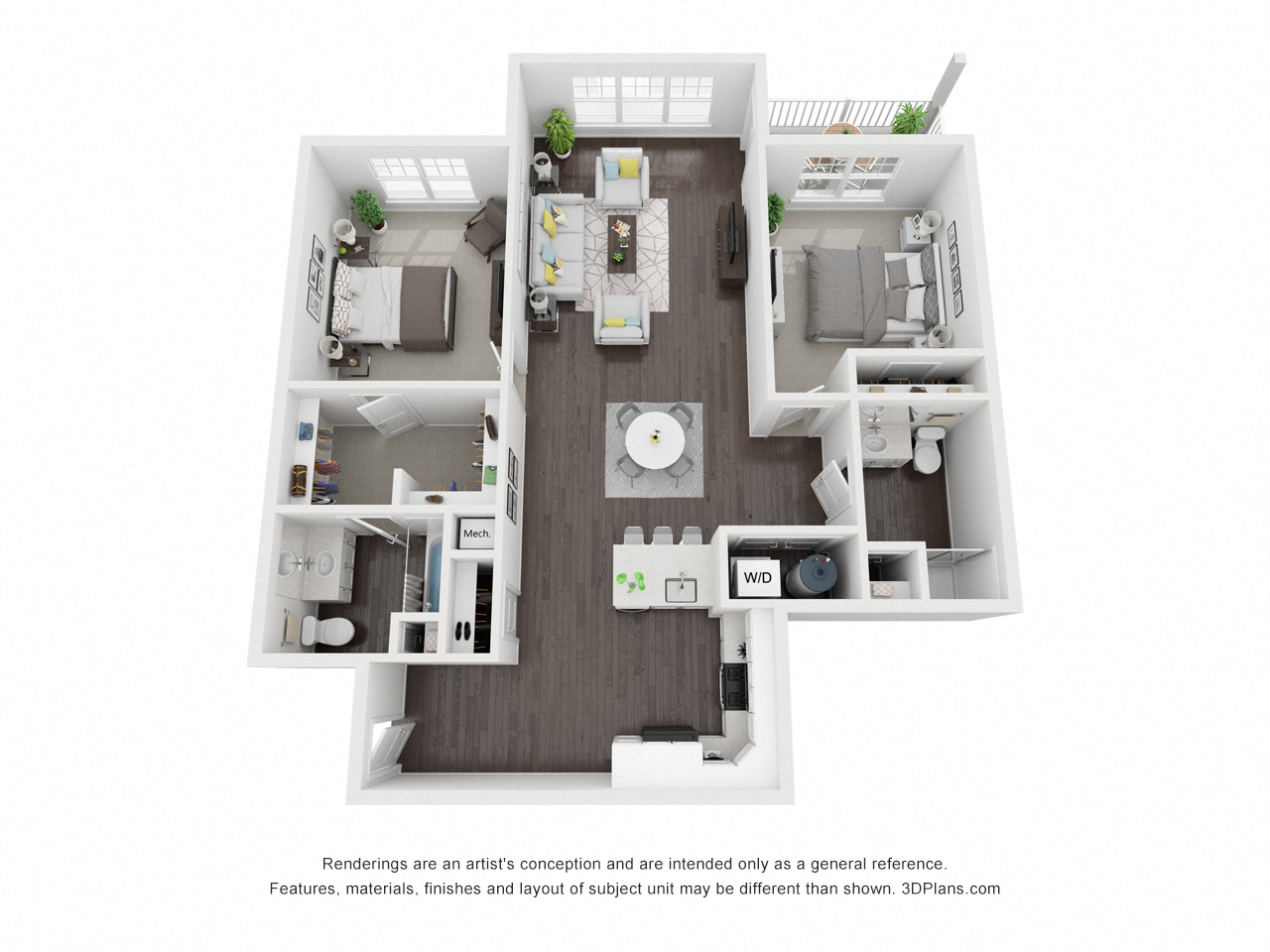 Floor plan for 2 beds, 2 baths, 1264 sqft